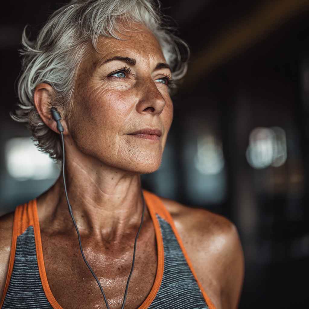 Mature adult focusing during exercise routine