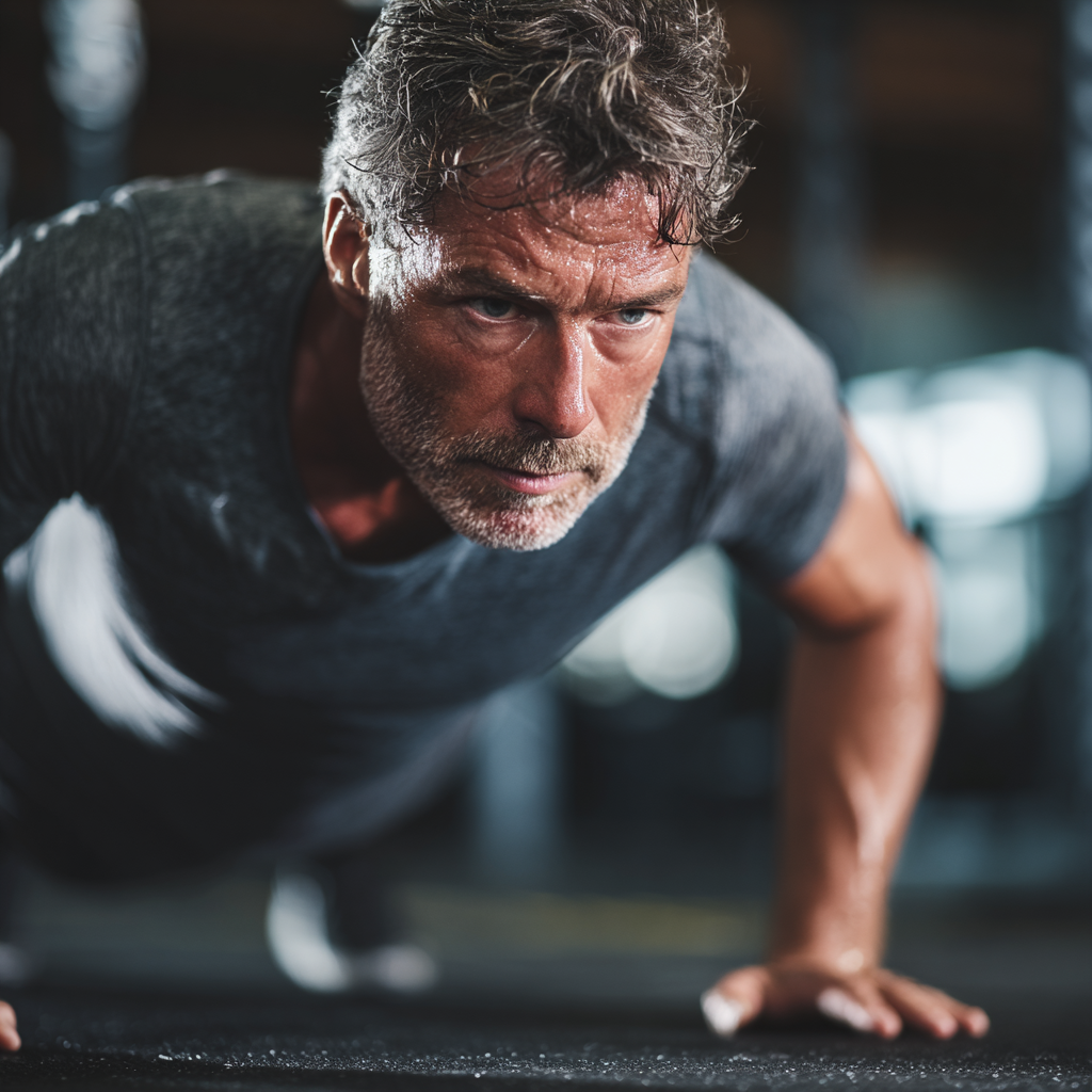Middle-aged person exercising with determination